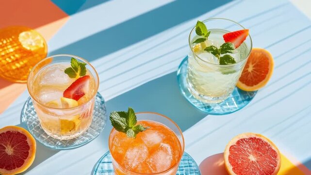 Refreshing citrus and berry summer beverages on colorful background