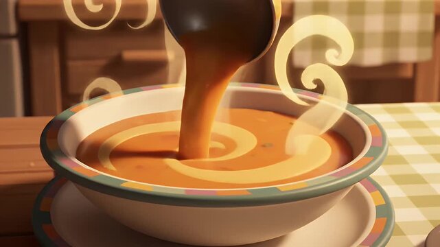Ladle in steaming pot of rich stew with stylized steam