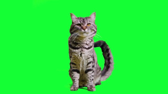A realistic 3D grey tabby cat with distinct stripe patterns sits calmly against a green screen. High-quality feline asset for pet care branding, household scenes, or creative storytelling.
