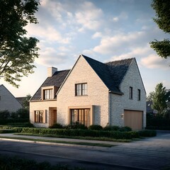 Obraz premium Modern beige brick home with dark roof sits elegantly on a well maintained lawn in a quiet residential neighborhood on a sunny summer day.