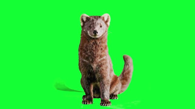A sleek 3D animated sable or marten with thick dark fur sitting in a steady pose against a green screen. High-fidelity predator asset for cinematic storytelling, wilderness scenes, or luxury fur indus