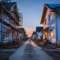 Fototapeta premium A new residential area under construction displays homes with scaffolding du the sunset, symbolizing urban development and progress.