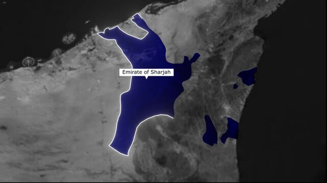 Sharjah Emirate Map with National Flag Satellite View Animation