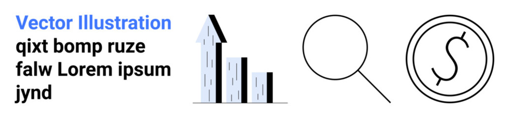 Obraz premium Business analysis, financial growth, economic concepts, market trends, research, investment strategies. Skyscrapers, magnifying glass and dollar icon. Business growth and financial concepts visual