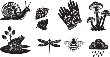 Black and White Silhouette Icons of Garden and Nature Elements on White Background snail ladybug © MdAbu