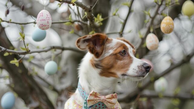 Curious dog observing colorful easter egg ornaments hanging from spring branches