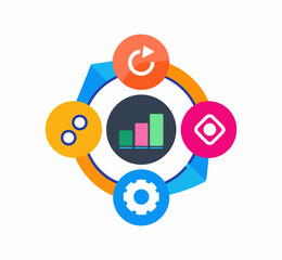Abstract colorful background with 3d infographic circle arrows and business icons for social network communication technology and data connection marketing diagram vector illustration