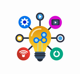 3d creative light bulb idea concept featuring a technology network connection with business icons and social media symbols in a vector illustration design for a global internet communication community