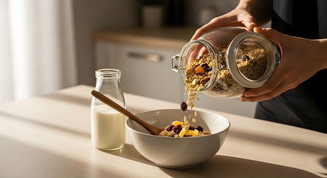 Pouring cereal into bowl soft morning light glass jar and milk joyful home minimalist breakfast ritual