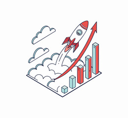 This vector illustration set features a business graph icon with a rising arrow alongside a cartoon airplane and rocket ship flying through the sky to symbolise growth in air transport and space fligh