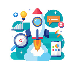 Flat vector illustration set of business people icons and professional teams featuring mobile technology and social network marketing concepts for web communication design