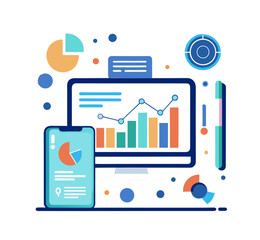 Set of business infographic elements and flat web icons featuring vector illustrations of laptop technology and office data symbols for professional website design