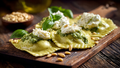 Fresh ravioli topped with ricotta and pesto on wooden board, garnished pine nuts basil