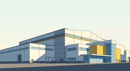 Fototapeta premium Large modern industrial building with a flat roof and clean design in a bright studio background.