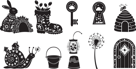 Whimsical black and white illustrations of Easter and spring themed objects and creatures Keywords: Easter, spring, whimsical, illustration, black and white, silhouette, rabbit, bunny, boot, shoe © MdAbu