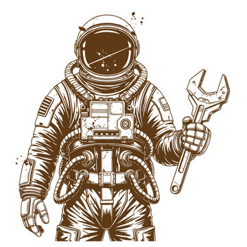 Vintage Grunge Astronaut in space suit holding adjustable wrench standing alone