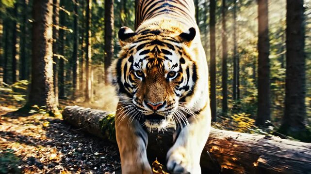 Majestic Bengal Tiger Emerges from Dense Forest Sunlight Illuminates Fur in a Dramatic Encounter Over a Moss Covered Log
