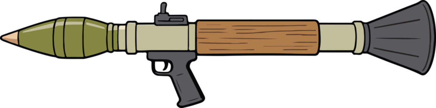 Modern rocket-propelled grenade launcher with wooden heat shield and warhead, clean cartoon vector illustration