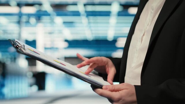Close up of data center engineer reading clipboard files charts, verifying infrastructure supercomputers status. Server hub expert using audit charts to analyze gear rigs performance, camera B