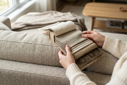 A person choosing fabric from a swatch book for new upholstery or interior design.