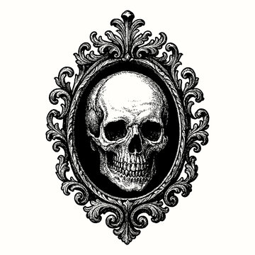 Dramatic vintage portrait of a human skull framed in an ornate, baroque-style oval cartouche, exuding gothic and macabre vibes.