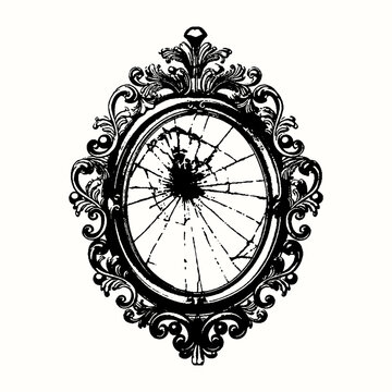 Broken mirror in an ornate vintage frame, symbolizing bad luck, shattered dreams, or a tragic event.