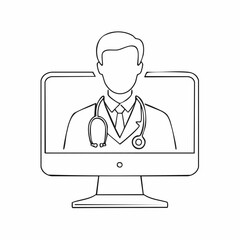 Fototapeta premium Line art drawing of a doctor with a stethoscope on a computer monitor, representing online medical consultation or telemedicine.