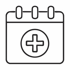 Obraz premium A line art icon of a calendar with a medical cross symbol, representing a health appointment or medical schedule.
