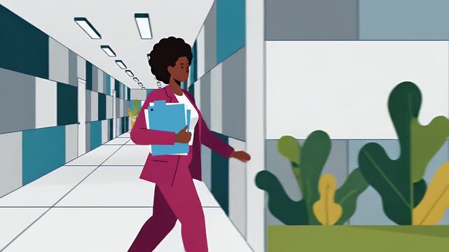 Animated Black businesswoman walking with folders in office hallway