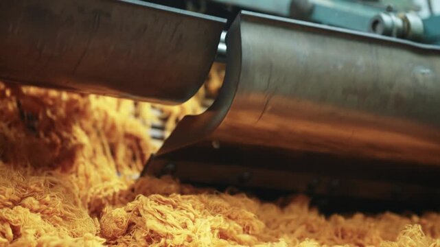 Industrial conveyor belt transporting wood chips and granules in close-up view