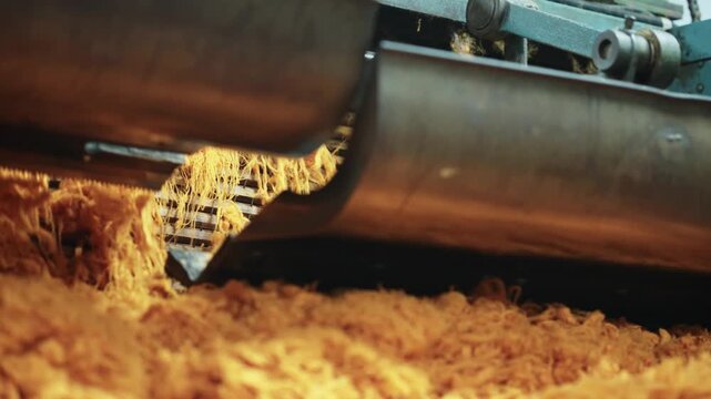 Industrial rotary drum sieve processing wood shavings in manufacturing facility
