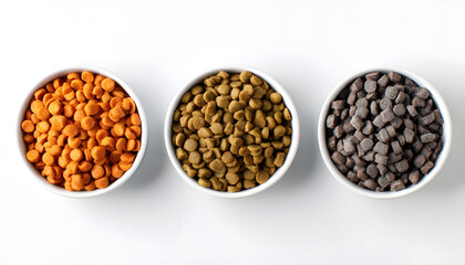 Fototapeta premium Wet pet food on white background, top view. Set