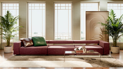 Naklejka premium Large luxury modern bright interiors Living room mockup illustration 3D rendering Digitally Generated Image