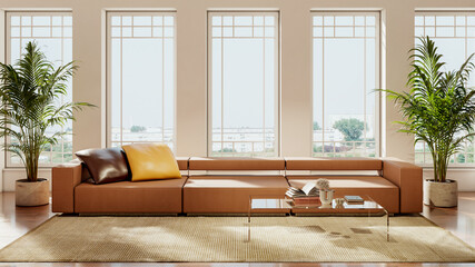Naklejka premium Large luxury modern bright interiors Living room mockup illustration 3D rendering Digitally Generated Image