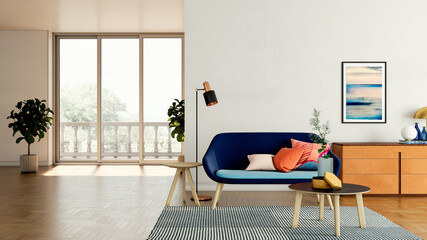 Naklejka premium Large luxury modern bright interiors Living room mockup illustration 3D rendering Digitally Generated Image