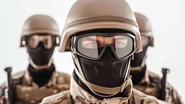 Silent Guardians: A regiment of battle-ready soldiers, clad in combat gear and armed with unwavering resolve, stand at attention, ready to face any challenge that comes their way. Their focused gaze.