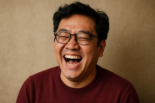 Middle aged man with glasses laughing heartily in studio