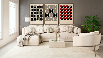 Obraz premium Large luxury modern bright interiors Living room mockup illustration 3D rendering Digitally Generated Image