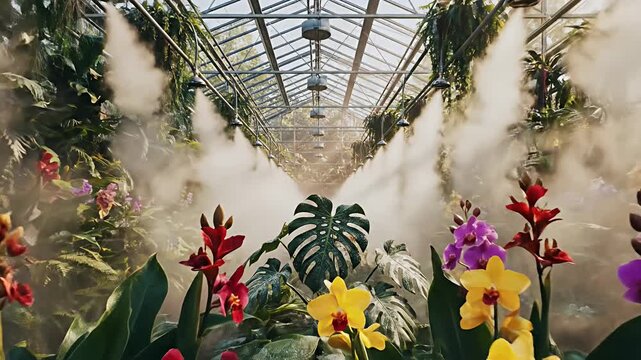 Lush greenhouse with colorful orchids, ferns, and misting system