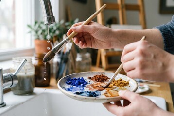 Fototapeta premium Artist cleaning paint brushes under running water over a ceramic palette with colorful paints.