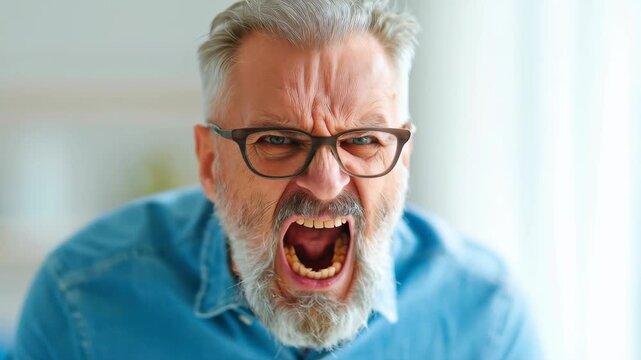 Expression of Anger: A close-up shot of an elderly individual with a grey beard and glasses, expressing extreme anger with a loud scream, his features contorted in frustration. 