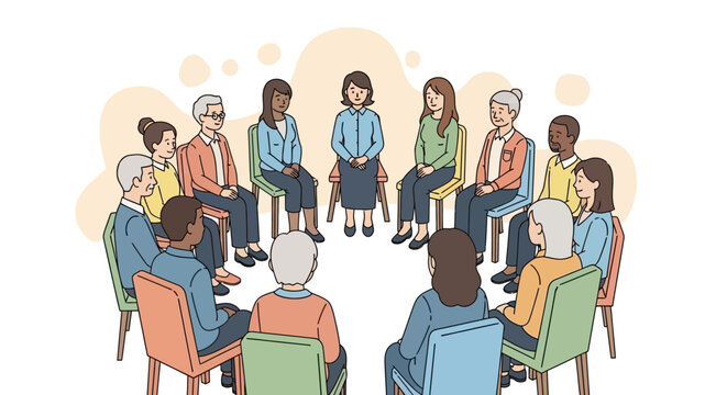 Diverse group of people seated in a circle, engaging in a discussion or support group meeting indoors.