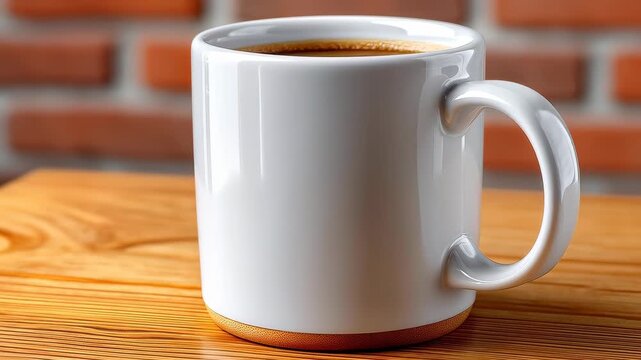 Mug of Dark Coffee: A close-up view presents a pristine white mug, filled to the brim with dark, rich coffee, perched elegantly on a wooden table, with a brick wall providing a warm.