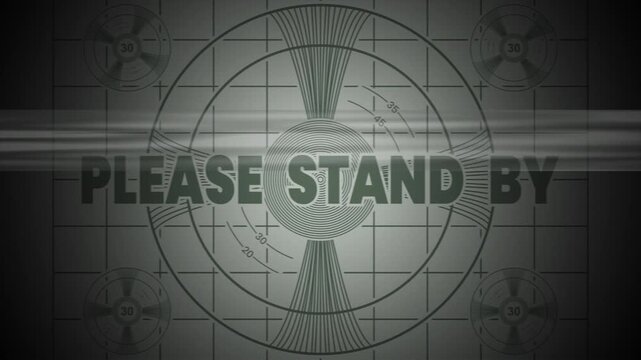 Test card pattern with text saying please stand by screen. Ideal for video editing projects, presentation slides, website design elements, and social media posts.