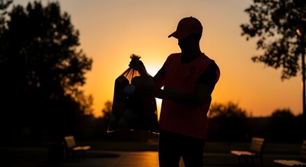 Obraz premium Silhouette of a volunteer in a vest holding a large bag of donated goods against a vibrant sunset in a park setting.