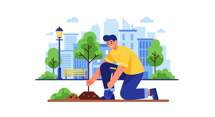 Man planting tree in urban park with cityscape background illustration from a low viewpoint