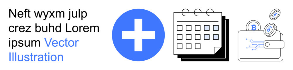 Obraz premium Financial planning, blockchain technology, healthcare reminders, digital transactions, scheduling, fintech symbols. a calendar, medical cross and wallet with cryptocurrency coins. Financial planning