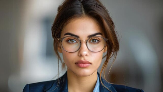 Confident Professional: A close-up portrait of a poised individual, exuding confidence. Wearing stylish eyeglasses, she looks directly into the camera.