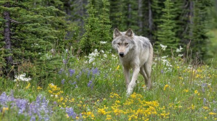 Fototapeta premium Gray wolf walking through wildflower meadow in forest landscape.
