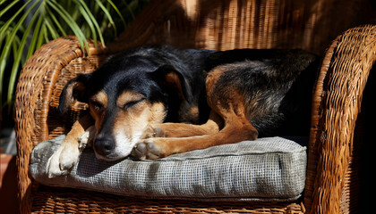 Beautiful Cao de Agua resting on a damaged armchair